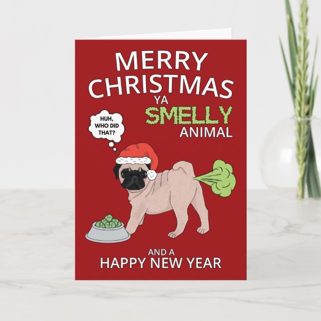 Funny Pug Dog Merry Christmas And New Year Holiday Card (Front)