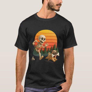 Funny Pug Dog Steals Bone From Skeleton Halloween T-Shirt