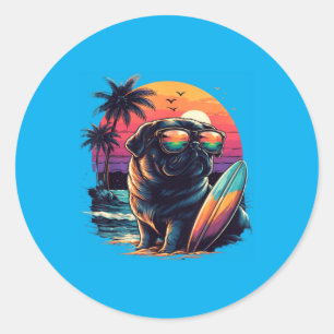 Funny Pug Dog Surfing Retro Summer Beach Classic Round Sticker