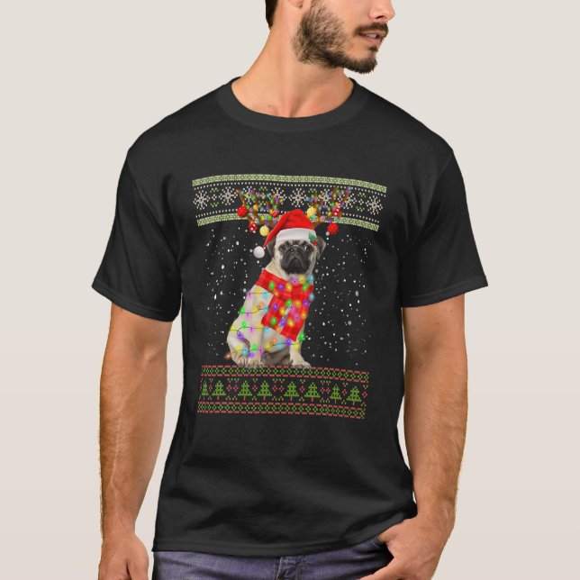 Funny Pug Dog Ugly Christmas Lights Sweater Man Wo (Front)