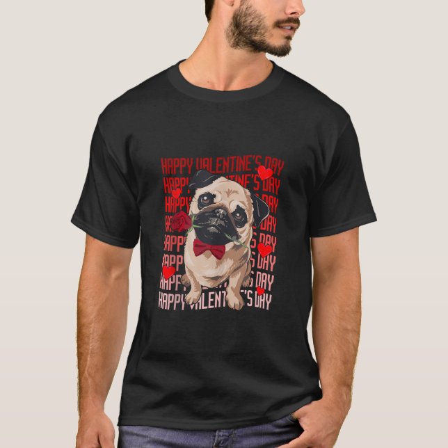 Funny Pug Dog With Red Hearts Happy Valentines Day T-Shirt (Front)