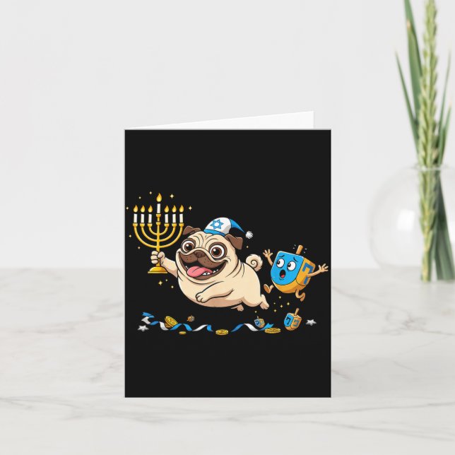 Funny Pug Dreidel Menorah Hanukkah Kids Womens Men Card (Front)
