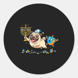 Funny Pug Dreidel Menorah Hanukkah Kids Womens Men Classic Round Sticker