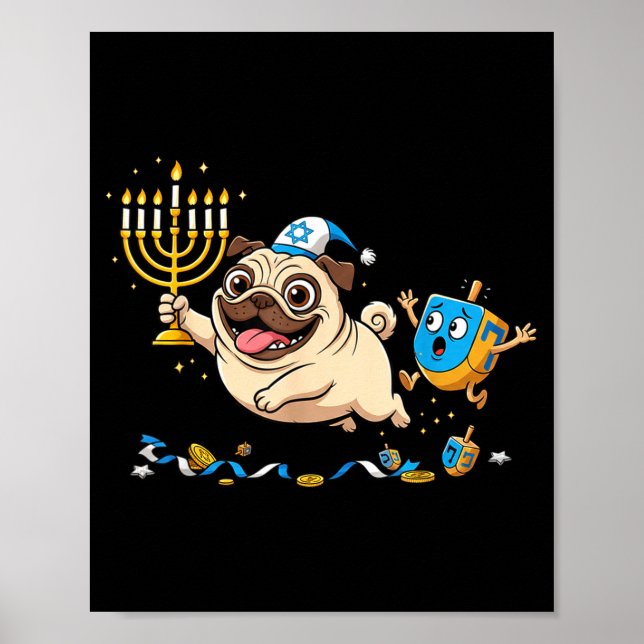 Funny Pug Dreidel Menorah Hanukkah Kids Womens Men Poster (Front)