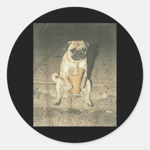 Funny Pug Drinking Iced Coffee Cursed Meme Bootleg Classic Round Sticker