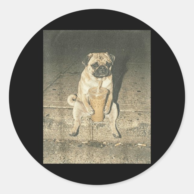 Funny Pug Drinking Iced Coffee Cursed Meme Bootleg Classic Round Sticker (Front)