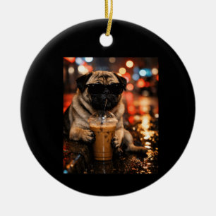 Funny Pug Drinking Iced Coffee Cute Dog Lover Gift Ceramic Ornament
