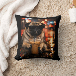 Funny Pug Drinking Iced Coffee Cute Dog Lover Gift Cushion