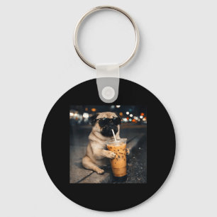 Funny Pug Drinking Iced Coffee Cute Dog Meme Humou Key Ring
