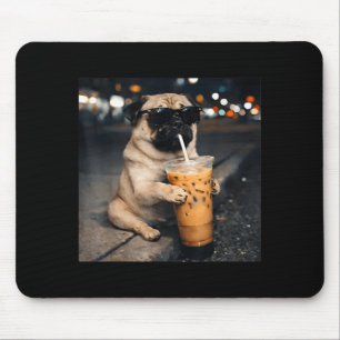 Funny Pug Drinking Iced Coffee Cute Dog Meme Humou Mouse Pad