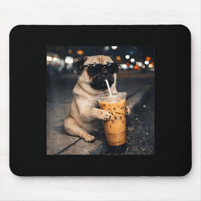 Funny Pug Drinking Iced Coffee Cute Dog Meme Humou Mouse Pad (Front)