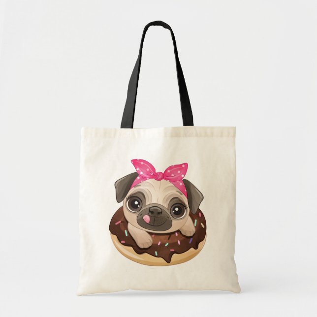 Funny Pug Gift Cute Puppy Dog Chocolate Donut Tote Bag (Front)