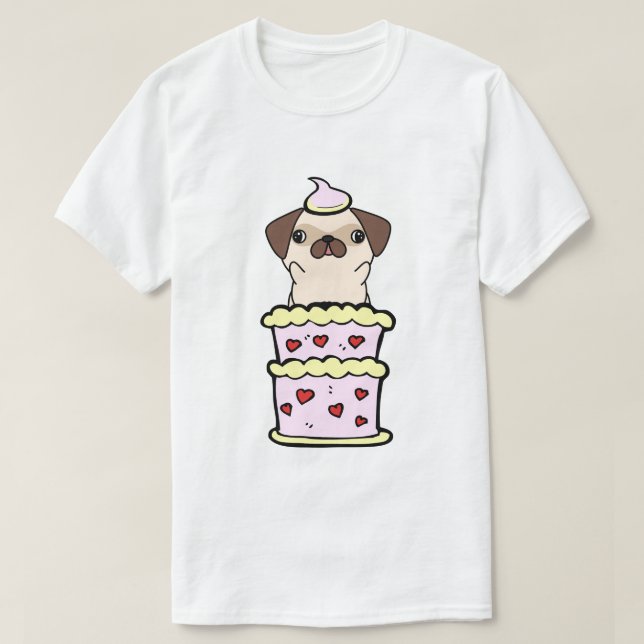 Funny pug jumping out of a cake T-Shirt (Design Front)