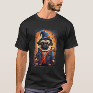 Funny Pug Magician Sorcerer Hat Glasses Halloween  T-Shirt