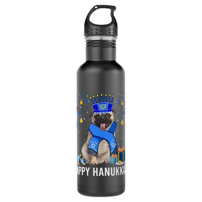 Funny Pug Menorah Hat Christmas Happy Hanukkah Jew 710 Ml Water Bottle (Front)