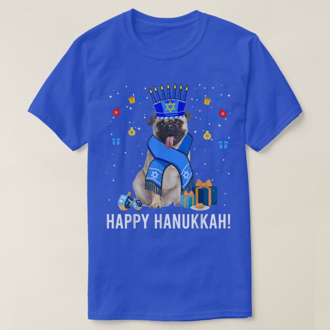 Funny Pug Menorah Hat Christmas Happy Hanukkah Jew T-Shirt (Design Front)