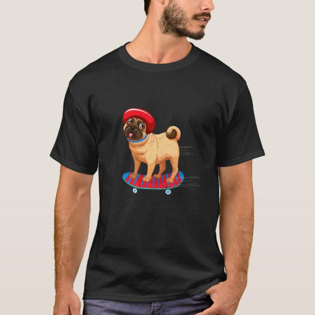 Funny Pug On Skateboard In Beanie Hat Dog T-Shirt (Front)