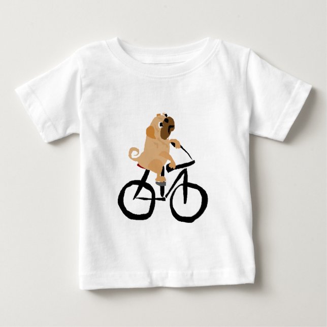 Funny Pug Puppy Dog Riding Bicycle Baby T-Shirt (Front)