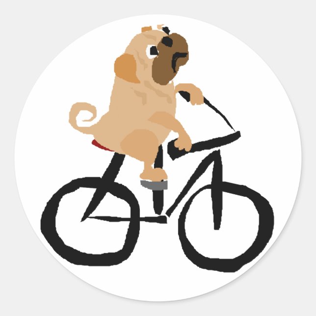 Funny Pug Puppy Dog Riding Bicycle Classic Round Sticker (Front)