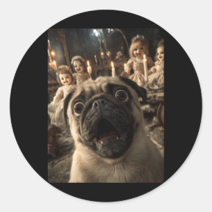 Funny Pug Selfie With Creepy Dolls Spooky Classic Round Sticker
