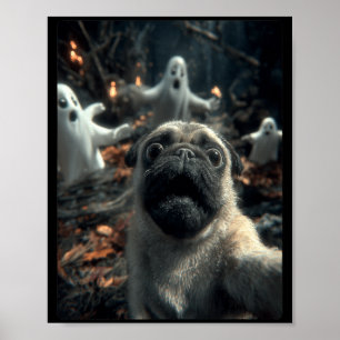 Funny Pug Selfie With Ghosts Haunted Forest Poster