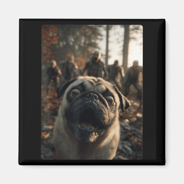 Funny Pug Selfie With Zombies Spooky Forest Magnet (Front)