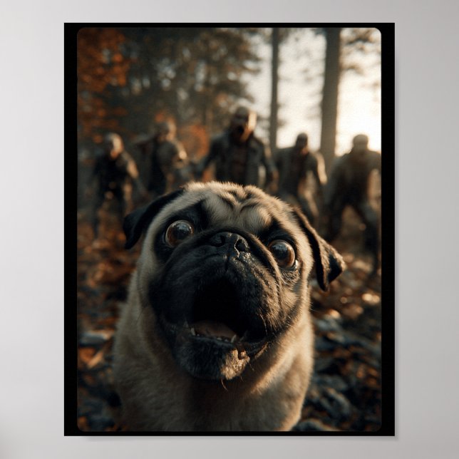 Funny Pug Selfie With Zombies Spooky Forest Poster (Front)