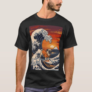 Funny Pug Surfer Kanagawa Wave Japanese Sunset Vin T-Shirt