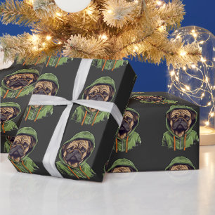Funny Pug Wearing Green Hoodie Wrapping Paper