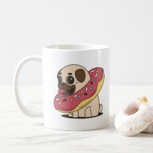 Funny pug with doughnut coffee mug