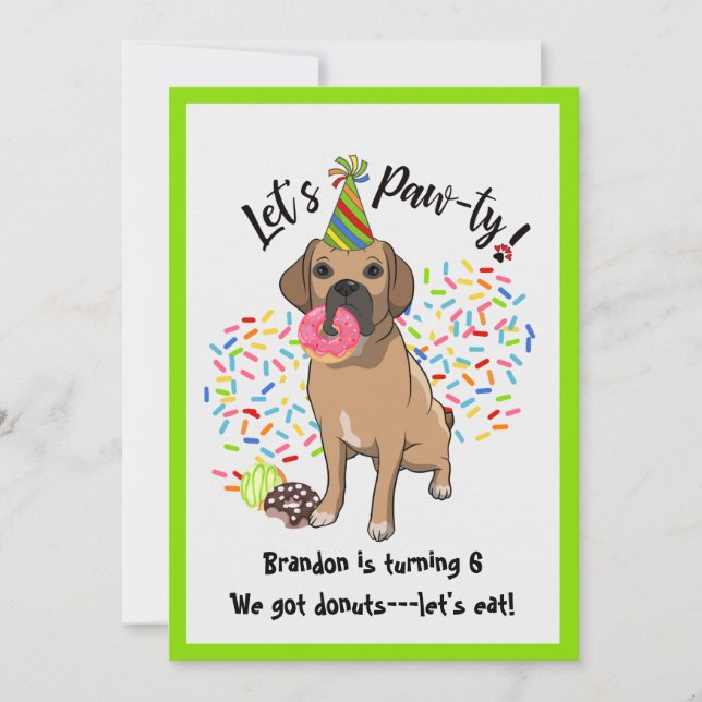 Funny Puggle Dog Doughnuts Birthday Party Invitation (Front)