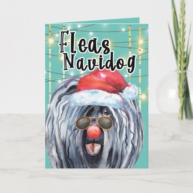 Funny Puli Christmas dog in lights fleas navidog Card (Front)
