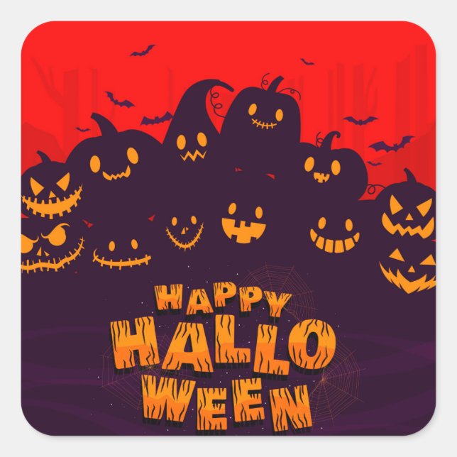 Funny Pumphins Bats Red Backround Happy Halloween Square Sticker (Front)