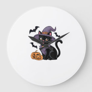 Funny Pumpkin Bat Witch Costume Black Cat Hallowee Large Clock