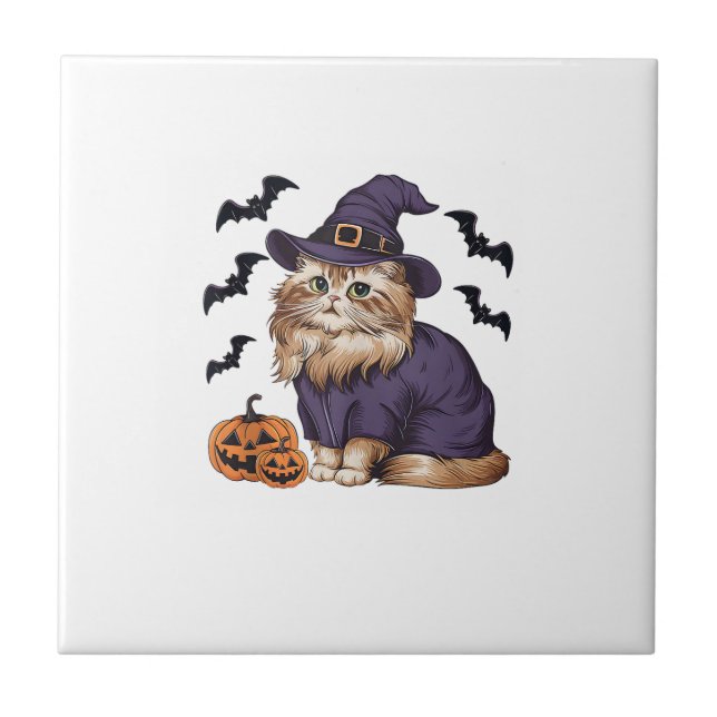 Funny Pumpkin Bat Witch Costume Persian Cat Hallow Ceramic Tile (Front)