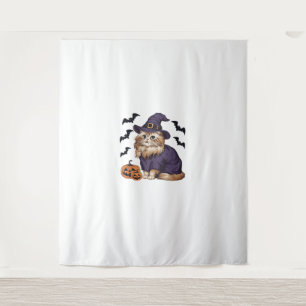 Funny Pumpkin Bat Witch Costume Persian Cat Hallow Tapestry