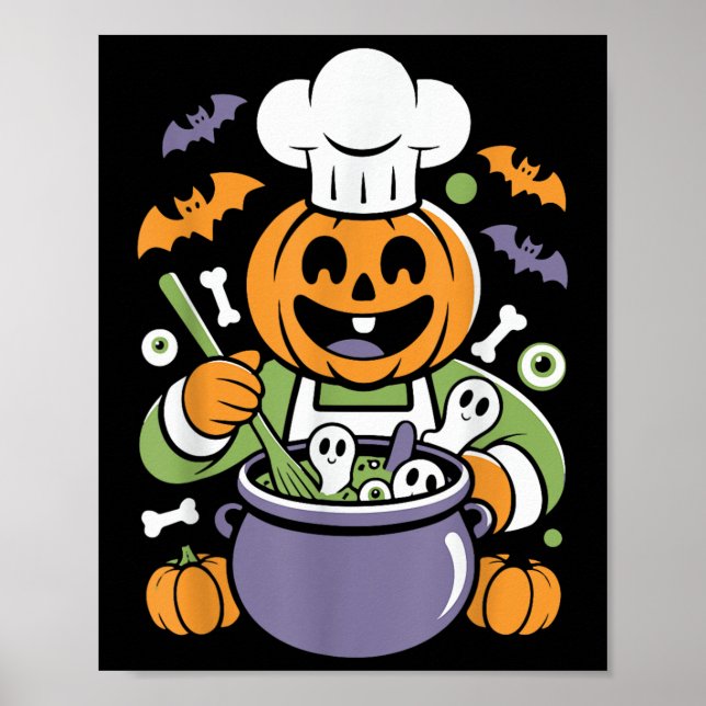 Funny Pumpkin Chef Cooking Halloween Cauldron Desi Poster (Front)