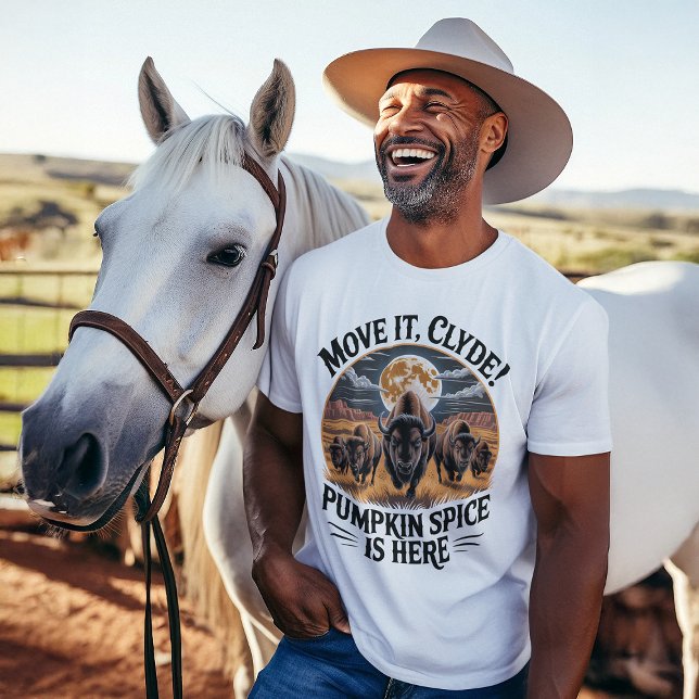 Funny Pumpkin Spice Bison Stampede  T-Shirt (handsome cowboy western ranch scene mockup for funny fall pumpkin spice tshirt)