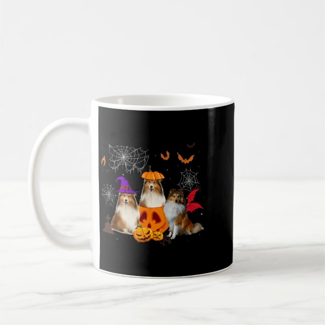 Funny Pumpkin Witch Sheltie Matching Dog Halloween Coffee Mug (Left)