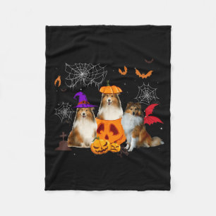 Funny Pumpkin Witch Sheltie Matching Dog Halloween Fleece Blanket