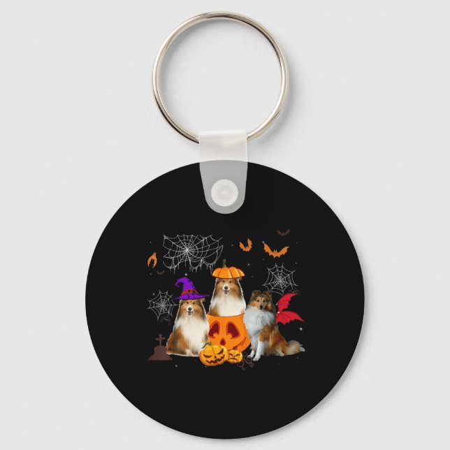 Funny Pumpkin Witch Sheltie Matching Dog Halloween Key Ring (Front)