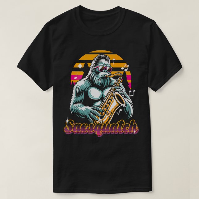 Funny pun Saxsquatch bigfoot saxophone player jazz T-Shirt (Design Front)