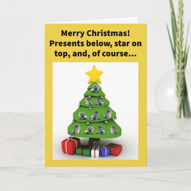 Funny Pun Ten Seals on the Tree Merry Christmas Card (Front)