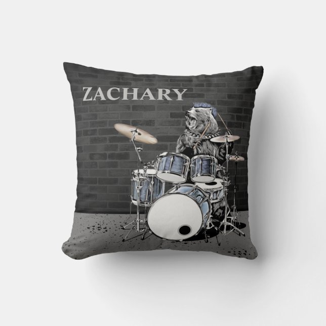 Funny Punk Rock Drummer Bear Custom Name Musician  Cushion (Front)