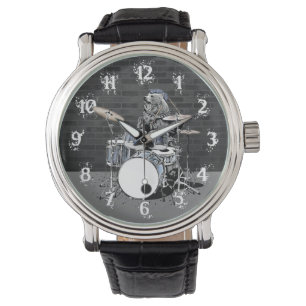 Funny Punk Rock Drummer Bear Playing Drums Rocker Watch