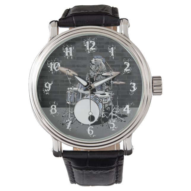 Funny Punk Rock Drummer Bear Playing Drums Rocker Watch (Front)