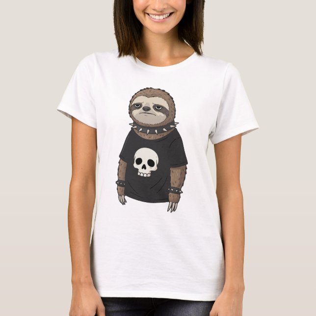 Funny Punk Rock Emo Sloth with Skull Graphic T-Shirt (Front)
