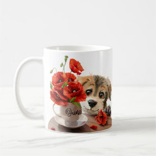 Funny puppy and poppy flowers coffee mug