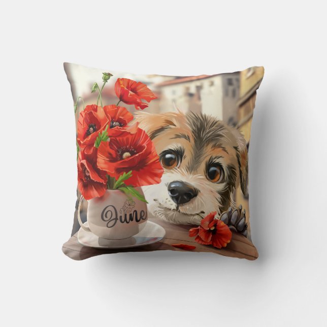 Funny puppy and poppy flowers cushion (Front)
