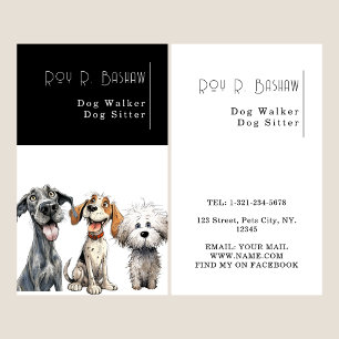 Funny Puppy Dog Walker Sitter Black and White Business Card